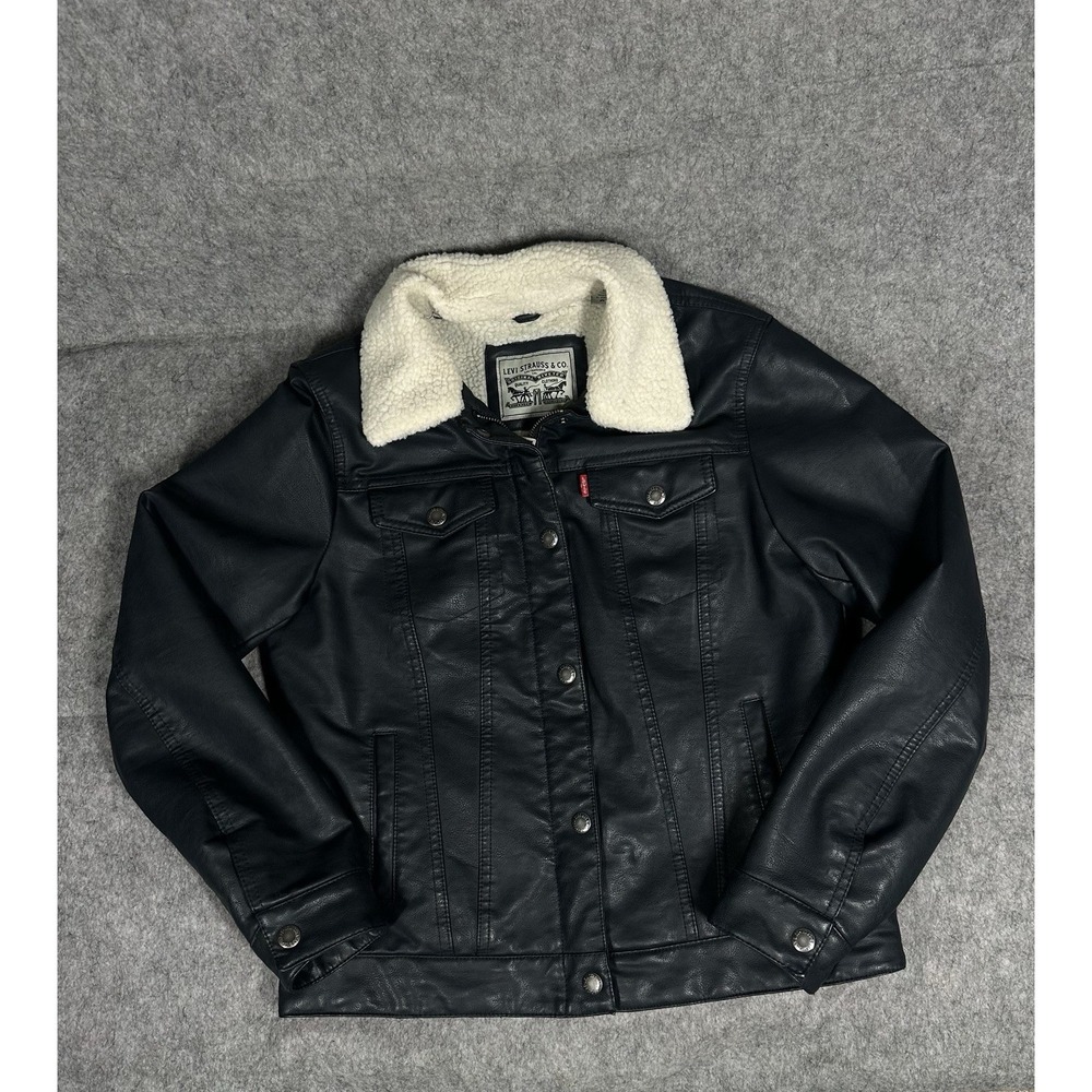 Levis Sherpa Lined Faux Leather Trucker Jacket Women Blue Button Zip Medium‎